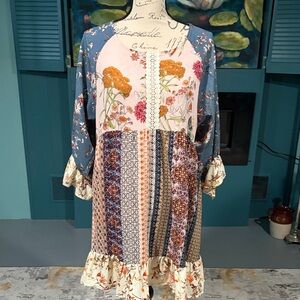 Umgee Floral Patchwork Long Sleeve Dress